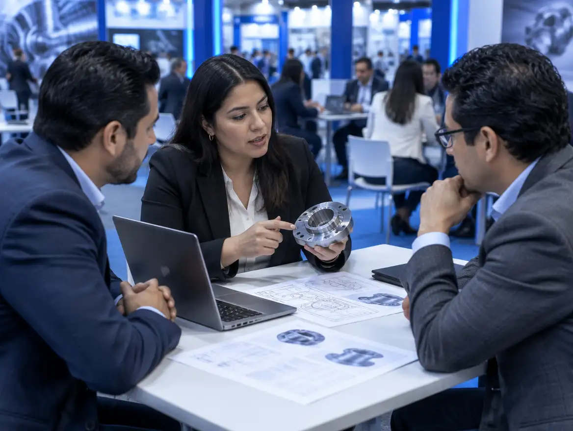 Tres personas de negocios revisan una pieza metálica y planos en una mesa de encuentros (imagen ilustrativa)