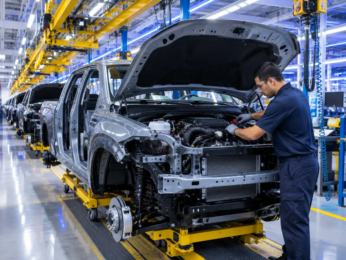 Técnico trabaja en el motor de una camioneta en una línea de ensamble (imagen ilustrativa)