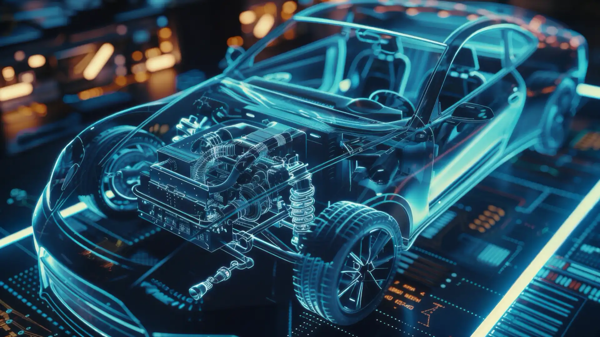 Auto deportivo en holograma azul que deja ver motor, suspensión y chasis (imagen ilustrativa)