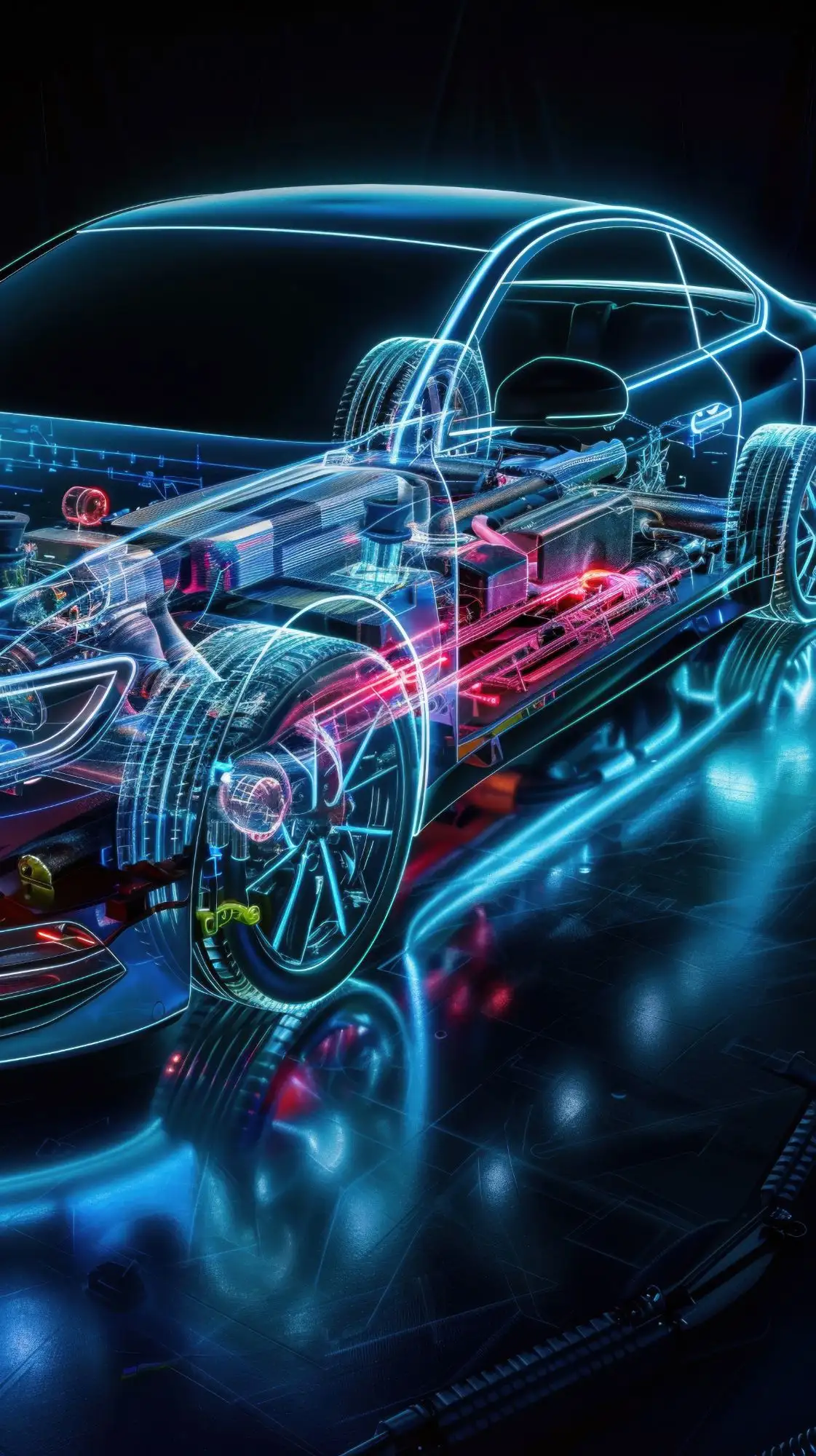 Auto en holograma azul con el chasis y el cableado iluminados en rojo (imagen ilustrativa)